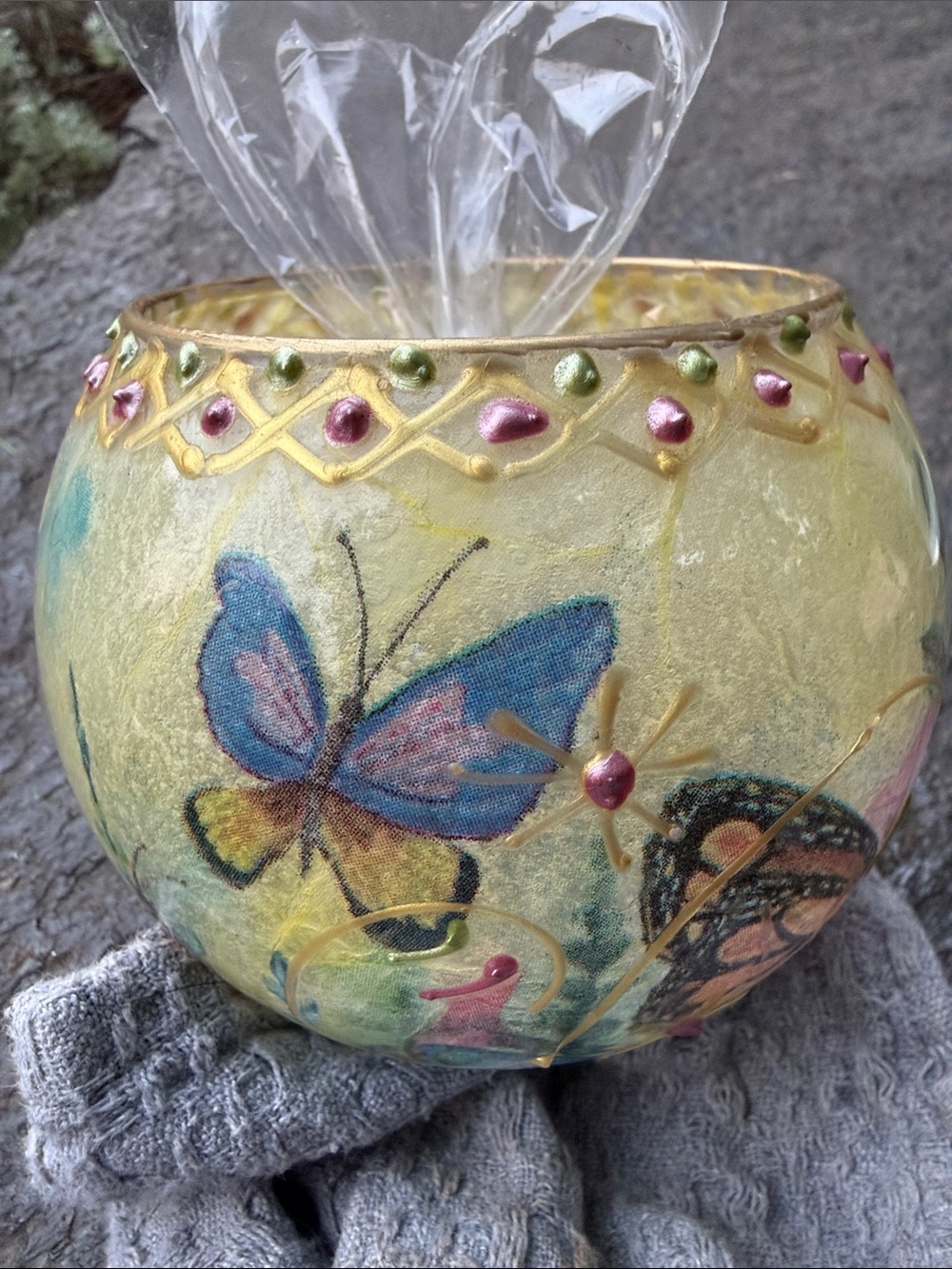 Hand-Painted Butterfly Glass Tea Light Holder in Blue, Pink and Gold
